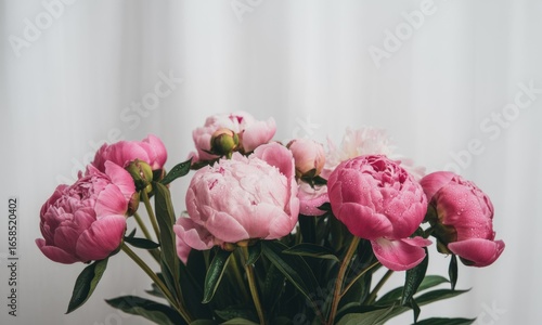 Pink peonies with green stems, soft light, simple elegant backdrop