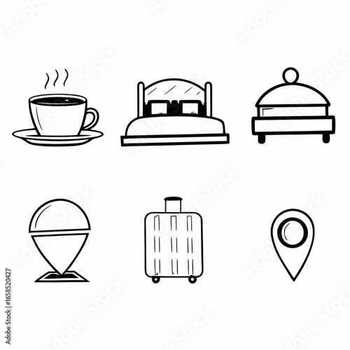 Hotel service icons featuring bed, coffee, luggage, location marker and food isolated on white background