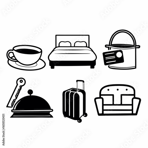 Hotel service icons featuring bed, coffee, luggage, sofa, key and bucket isolated on white background