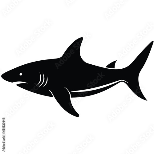 A stylized vector illustration of a dangerous blue shark swimming with a fin, isolated on a clean white background