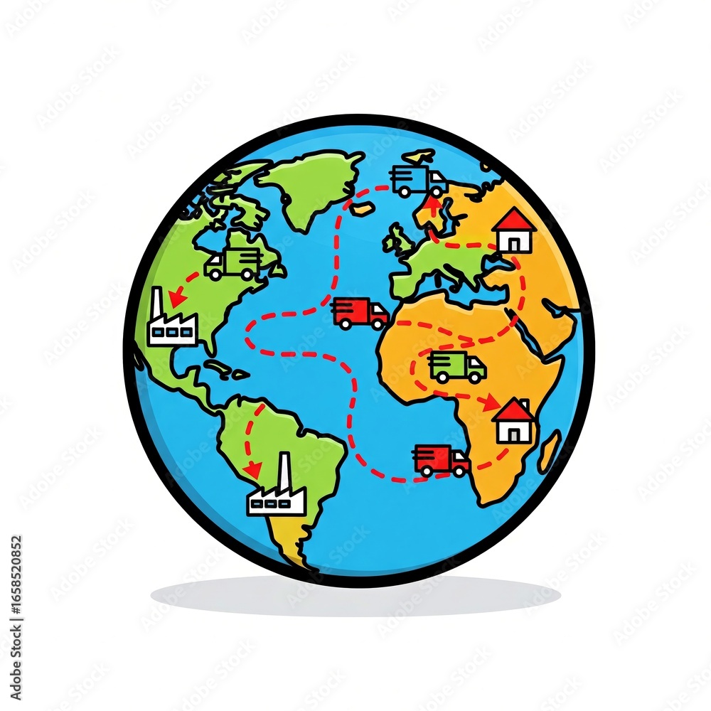 Naklejka premium Simplified map of the world with transportation routes and icons 