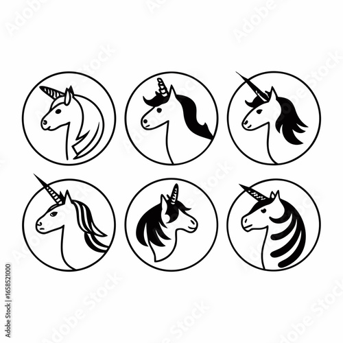 Collection of unicorn head icons isolated on white background featuring mythical horse with horn