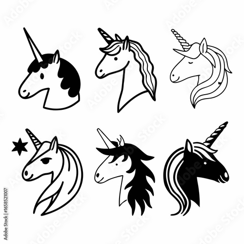 Set of unicorn head illustrations isolated on white background featuring mythical horse with horn