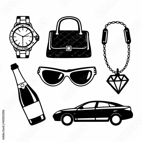 Luxury lifestyle icons set isolated on white background featuring expensive accessories and transportation