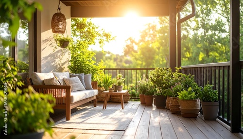Sunny porch with plants and furniture