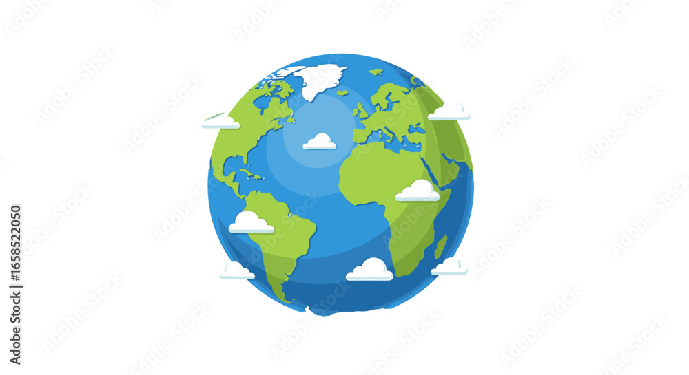 Illustration of earth globe with green continents and blue oceans surrounded by white clouds floating around on transparent background Illustration of earth globe with green continents and blue oceans surrounded by white clouds floating around on transparent background