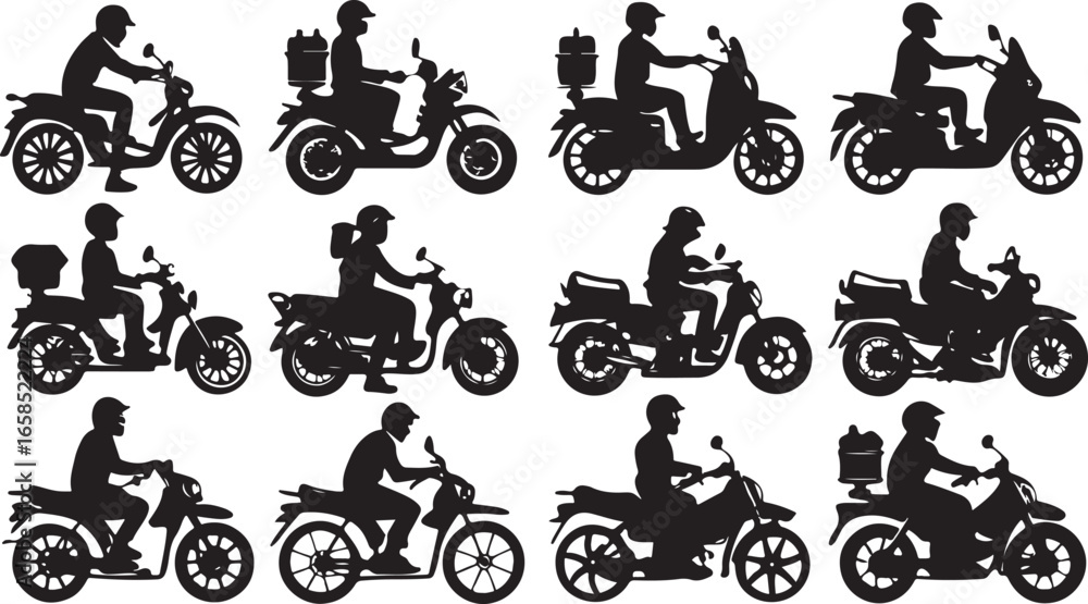 Naklejka premium Retro bicycle and motorcycle vector illustrations, silhouettes of people on a bike, and other vintage transportation icons