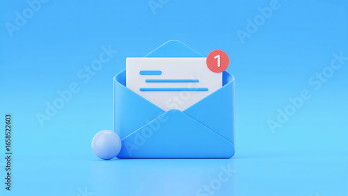 New email notification, vibrant blue envelope with one unread message and modern design