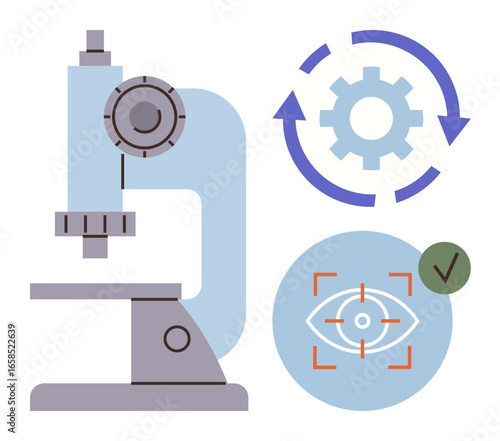 Microscope next to gear cycle and eye focus icons representing research, precision, optics, lab testing, innovation, quality control, and technology progress. Ideal for scientific research