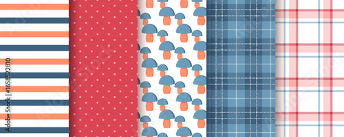 Autumn seamless pattern. Backgrounds with mushrooms, dots, check and stripes. Set autumnal prints. Seasonal harvest textures. Collection wrapping papers. Vector illustration. Fall backdrops