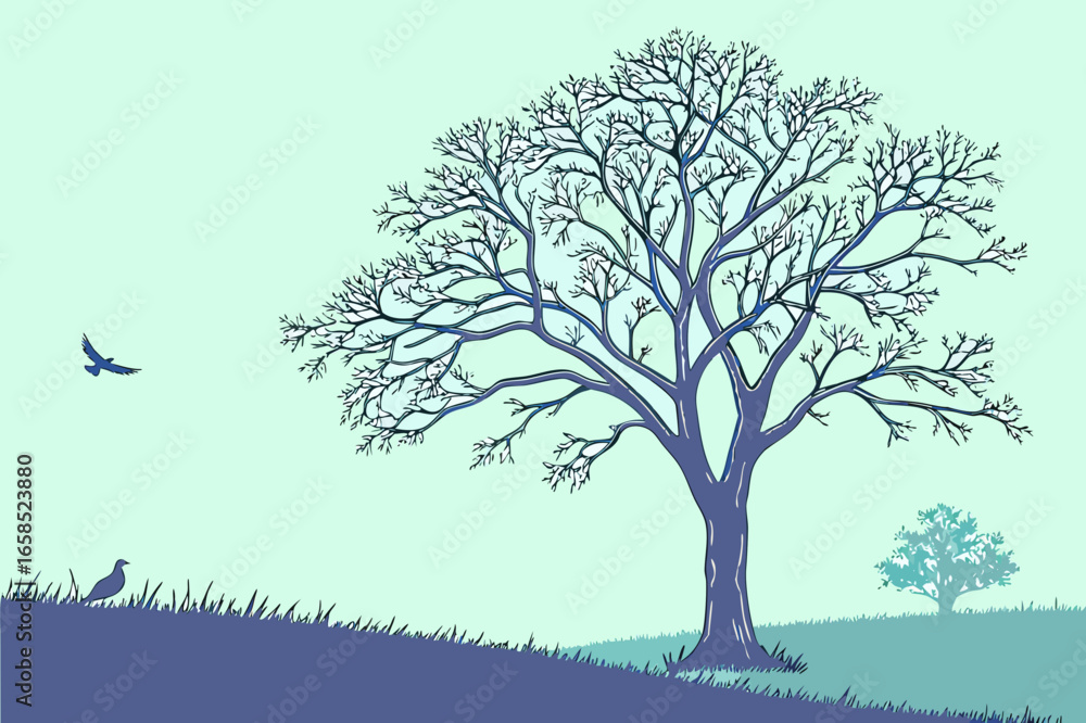 Obraz premium Baum auf einem Hügel mit einem Vogel – druckbare Naturszene