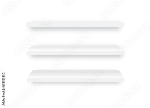 Set of empty wooden store shelves with LED lighting. Product shelf with wood texture and black wall mount. Grocery rack. Vector