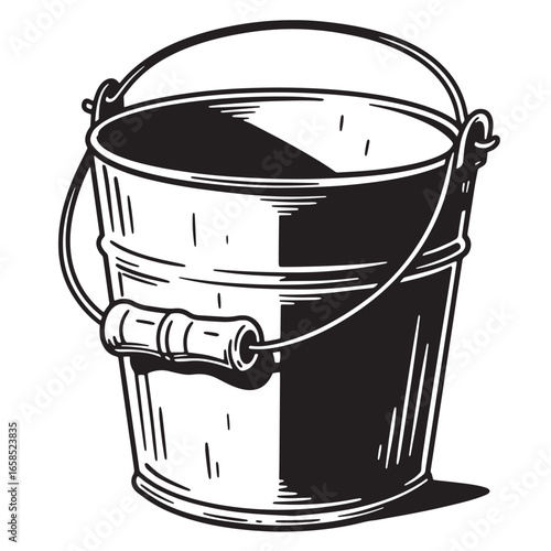 Illustration of a classic metal bucket in black and white ready for cleaning tasks