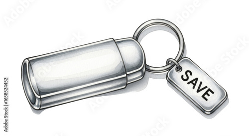 Glossy metallic container keychain with a 'save' label on a dark backdrop
