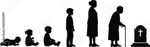 Human life cycle silhouette from birth to death, age stages concept vector illustration showing growth, aging, and mortality progression