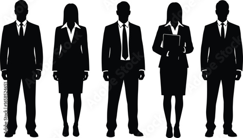 Silhouette business professionals in formal attire standing isolated, male and female corporate team vector illustration for stock content use