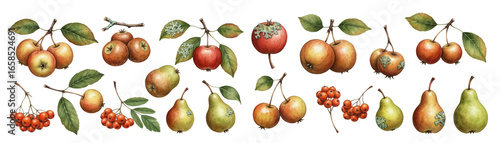 Colorful hand-drawn fruits including apples and pears on a black background.
