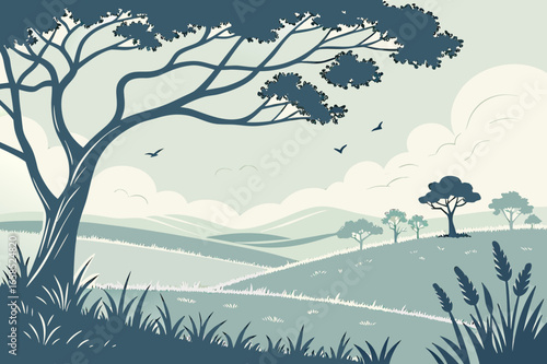 African Savannah Landscape: A Serene Nature Vector Illustration