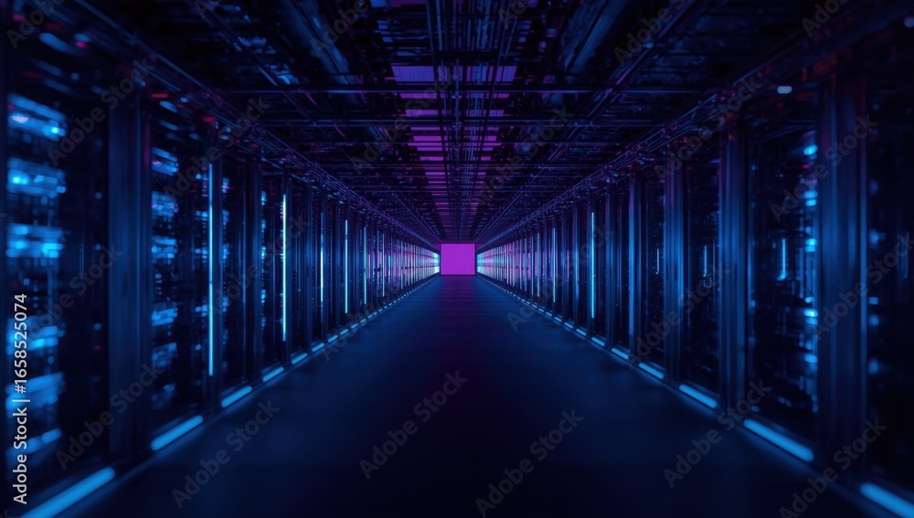 Fototapeta premium A long dark hallway with blue and purple lights leading to a bright purple light at the end of it