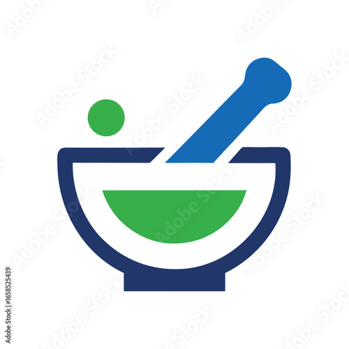 Modern green mortar and pestle logo design for a pharmacy medical or health related business