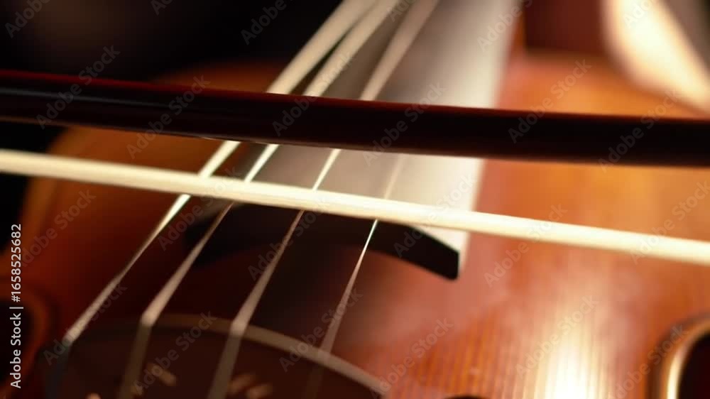 Closeup of a Violin String and Bow with Warm Lighting and Sharp Focus Closeup of a Violin String and Bow with Warm Lighting and Sharp Focus