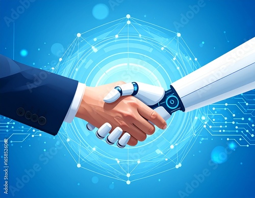 Dijital ortaklık konsepti. El sıkışan bir adam ve bir yapay zeka robotu. Soyut teknoloji mavi arka planı. Web afişi veya sunum arka planı için harika. Teknoloji vektör çizimi
