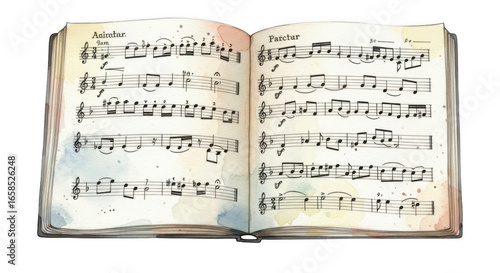 Artistic watercolor depiction of a vintage music manuscript book spread open