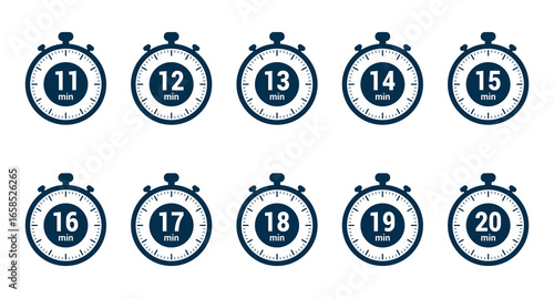 11, 12, 13, 14, 15, 16, 17, 18, 19 and 20 min clock icon time vector illustration design symbol