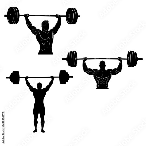 Muscular figure lifting  barbell overhead Silhouette, Black and White Vector Illustration 