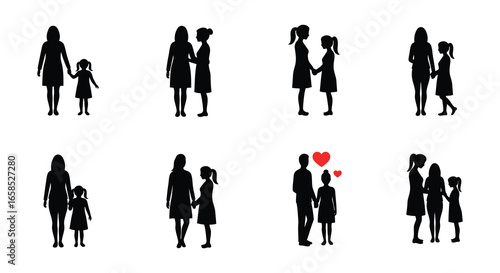 Silhouette of mother and daughter in various loving and affectionate poses together always