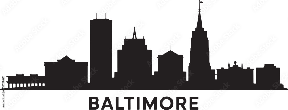 Obraz premium Baltimore Skyline Silhouette Vector Illustration with City Name Below on Transparent Backdrop