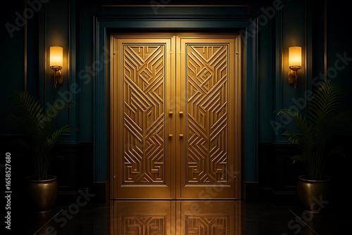 Luxurious golden art deco double doors with geometric patterns in elegant entrance illuminated by warm wall sconces and decorated with potted plants