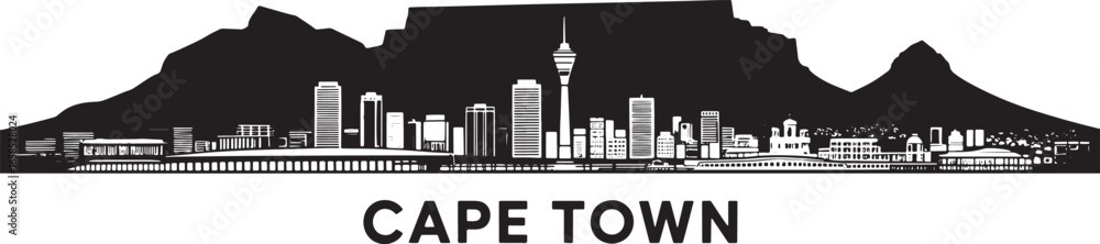 Obraz premium Cape Town Skyline Silhouette Vector Illustration with City Name Below Buildings Design
