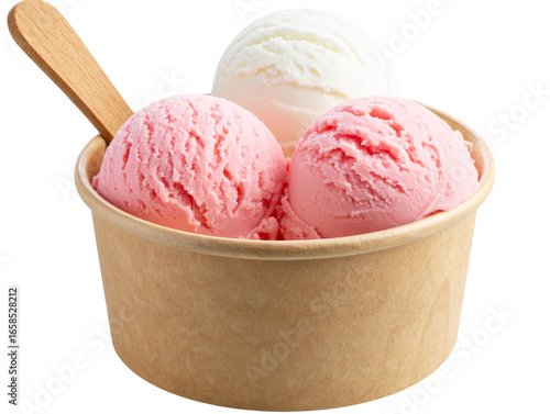 Ice Cream Tub with Three Scoops and Wooden Spoon, Front View, Transparent PNG