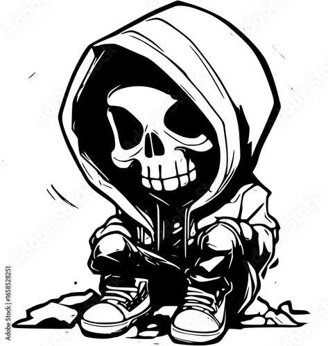 Skull in hoodie sitting