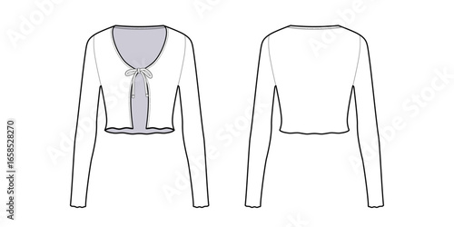 Cropped Cardigan Sweater, Round Neck Tie Front Long Sleeve Slit Design Lettuce Cut-Technical Fashion Illustration- Front and Back- Black and White Color- Women's Cardigan Sweater CAD Vector Mockup