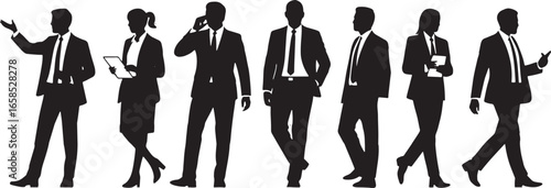 Diverse Business Team Silhouettes in Formal Attire Against Transparent Background for Corporate Use