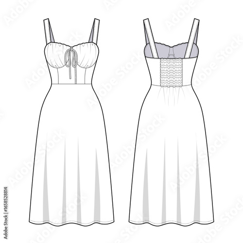 Women's Tie-Front Bustier Midi Dress with Smocked Back Technical Flat-Front and Back View- Fashion Flat- Vector Illustration- CAD Mock-up