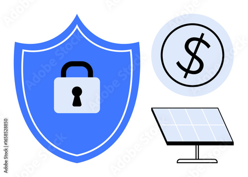 Locked shield, dollar sign, and solar panel symbolize digital security, economic safeguards, and renewable energy. Ideal for security, energy, economy, sustainability finance safe investment