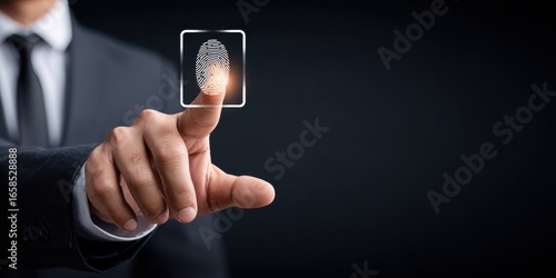 Fintech Security: Hand Over Glowing Fingerprint Icon - Biometric Authentication Concept with Copy Space for Technology Business