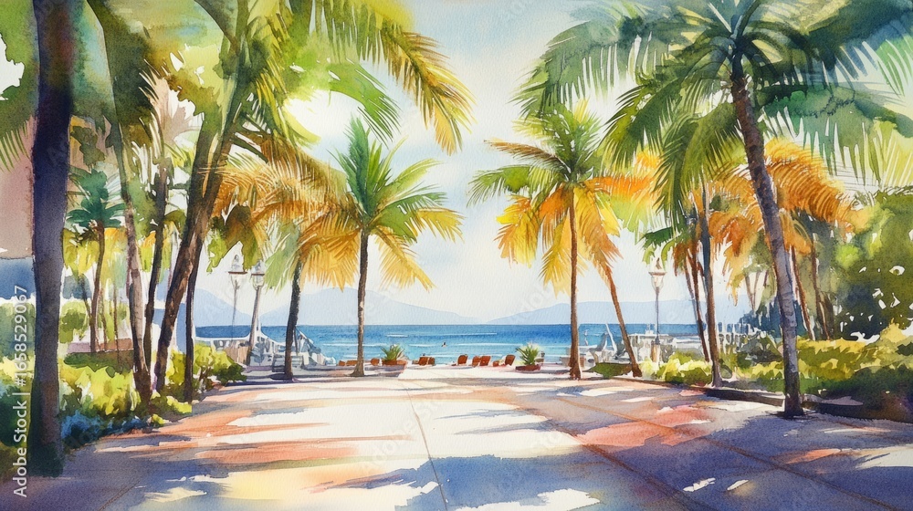Fototapeta premium path to the beach surrounded by large palm trees, made with watercolors generative ai
