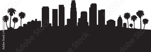 Los Angeles Skyline Silhouette with Palm Trees and Buildings on Transparent Background