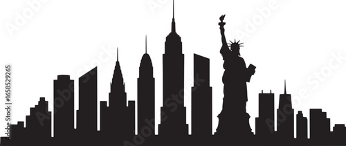 New York City Skyline Silhouette Vector Illustration with Famous Buildings and Landmarks