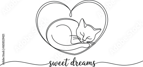 Cute sleeping fox curled up inside a decorative heart with sweet dreams text