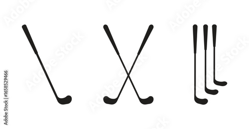 golf club icon set, single, crossed, and grouped silhouettes