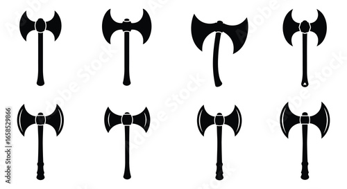 Collection of various black axe and hatchet icons on white background