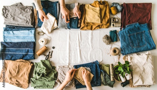 Old clothes being transformed into a quilt Upcycling and circular fashion with various fabric colors
