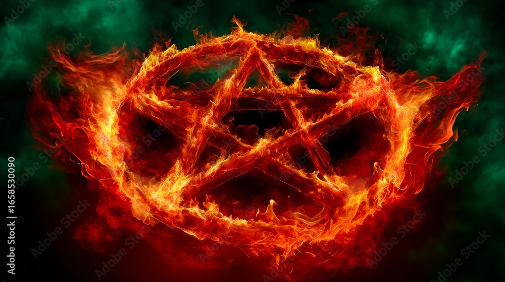Fototapeta premium Fiery Pentagram Glowing Against a Dark Smoky Background Creating a Mysterious Atmosphere
