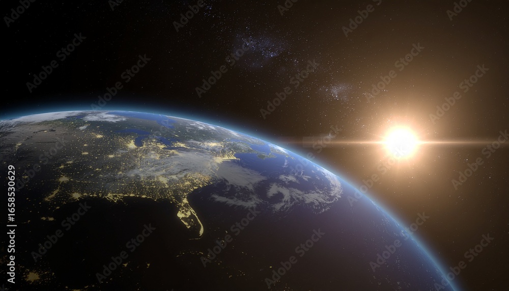 Obraz premium Earth From Space At Night With City Lights And Sunrise Over The Horizon Showing The United States And The Gulf Of Mexico