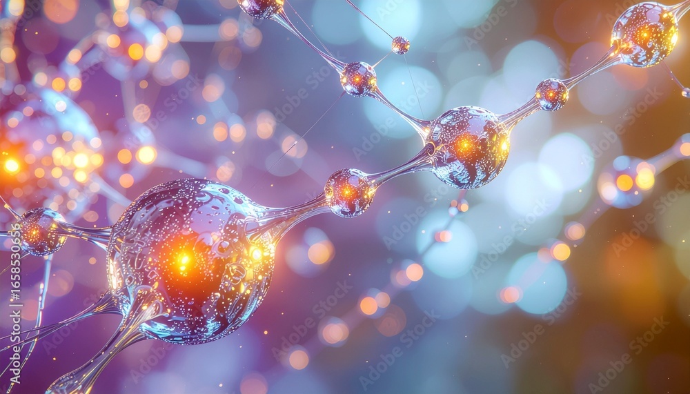 Fototapeta premium Abstract Molecular Structure with Glowing Nodes and Connecting Lines Representing Science Technology Innovation and Interconnectedness in a Futuristic and Dynamic Visual